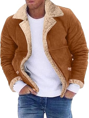 JEShifangjiusu Mens Sheepskin Thicken Leather Jackets Shearling Fur Lined Bomber Jacket Suede Aviator Leather Coat