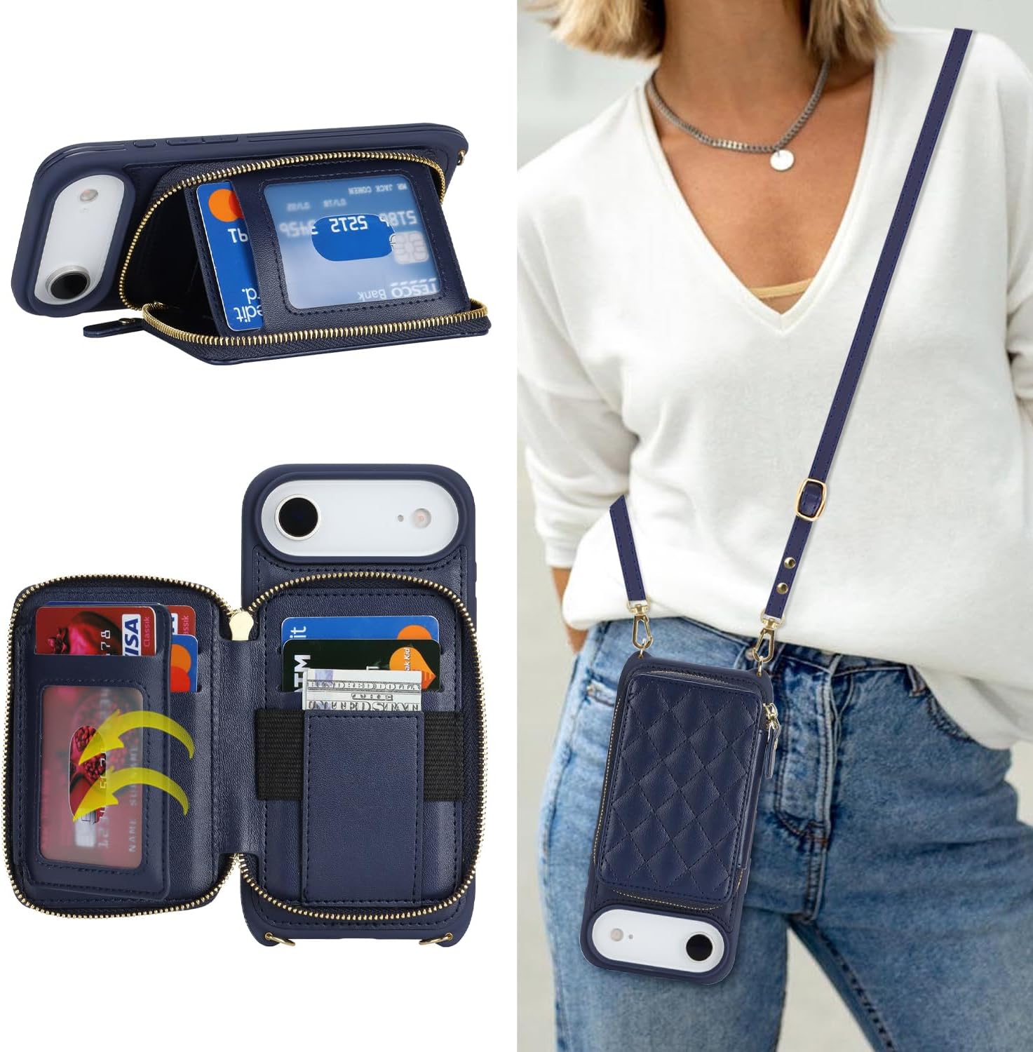 Crossbody Wallet Case for iPhone 17, PU Leather Zipper Handbag Purse Flip Cover, Kickstand Folio Case with Card Slots Holder Wrist Strap Lanyard 5G 6.3 Inch-Black