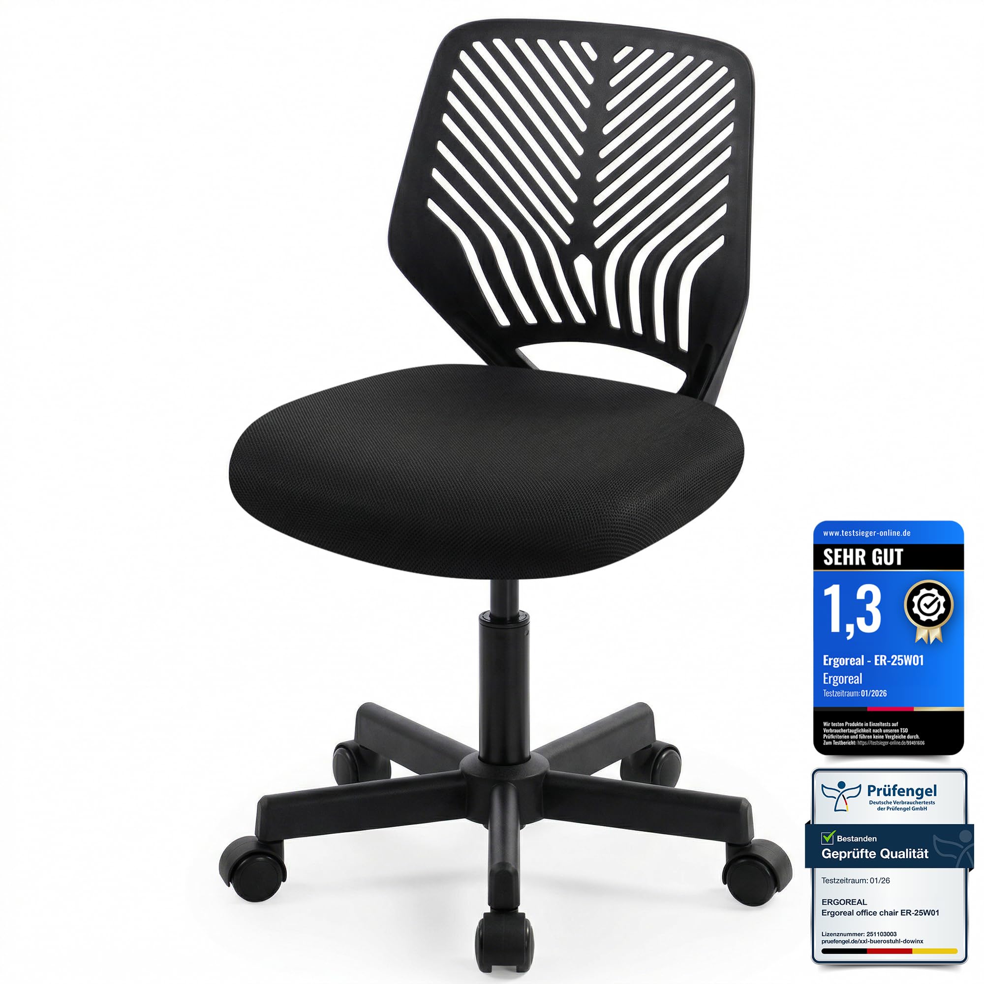 Ergonomischer Bürostuhl ohne Armlehne, Bürostuhl mit Rollen & Höhenverstellung, Bürostuhl Cozy mit Ergonomischer Rückenlehne,Homeoffice/Arbeitszimmer/Studienzimmer (Tiefe Schwarz)
