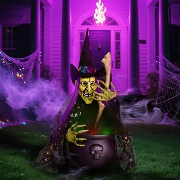 Halloween Decorations, 1.4 ft. Animated Witches with Light Cauldron Decoration, Touch and Sound Activated, Haunted House Witch Props for Indoor, Outdoor, Halloween Party Supplies