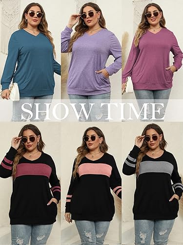 Miniatura 5 de ROSRISS Plus-Size-Tops for Women Long Sleeve V Neck Shirts Oversized Pockets Tunics