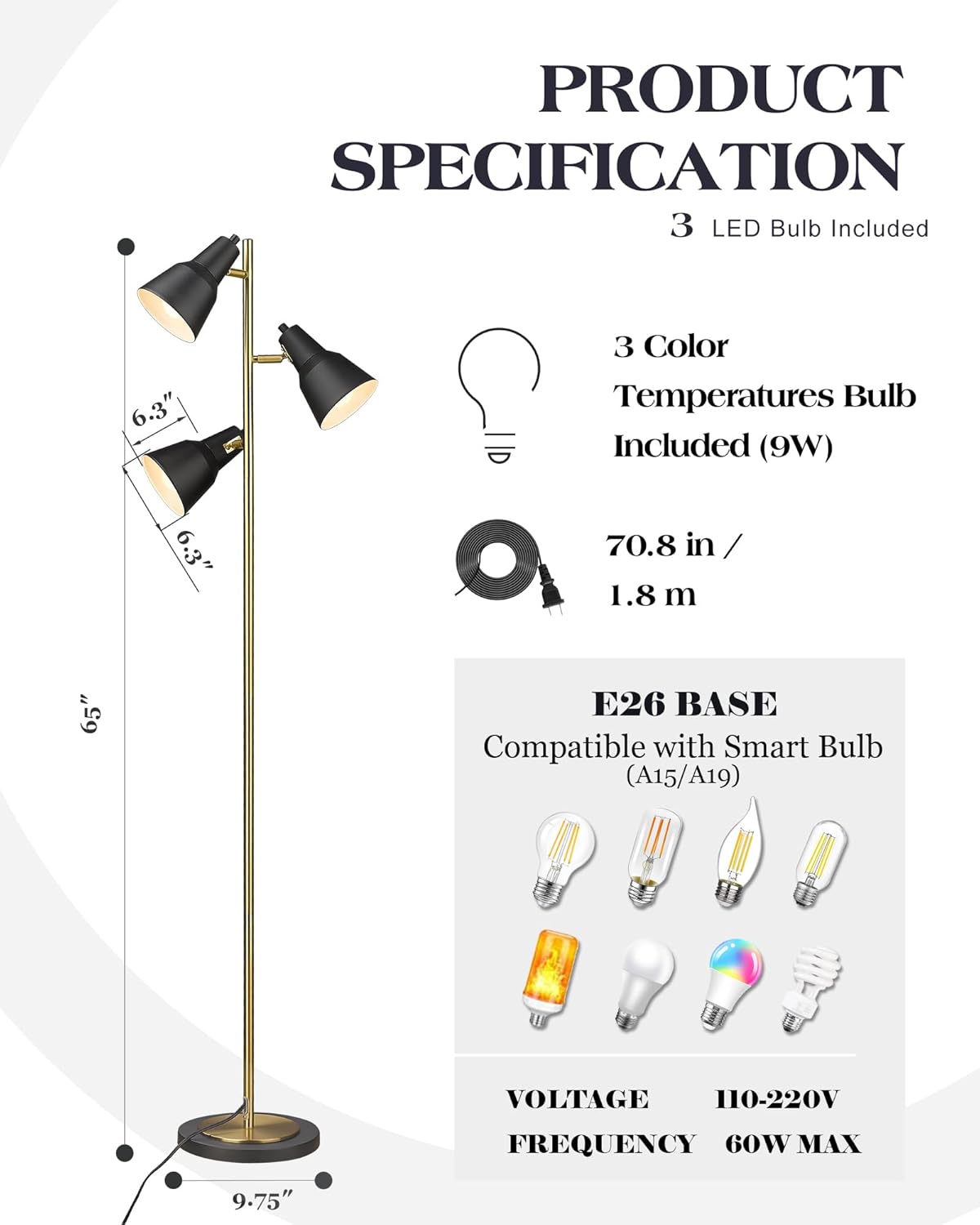 ELYONA Gold Tree Floor Lamp with 3 Adjustable Rotating Lights, Industrial Tall Pole Metal Standing Lights with 3 LED Bulbs for Living Room,Bedroom,Farmhouse,Office,Hotel, Vintage Brushed Brass & Black