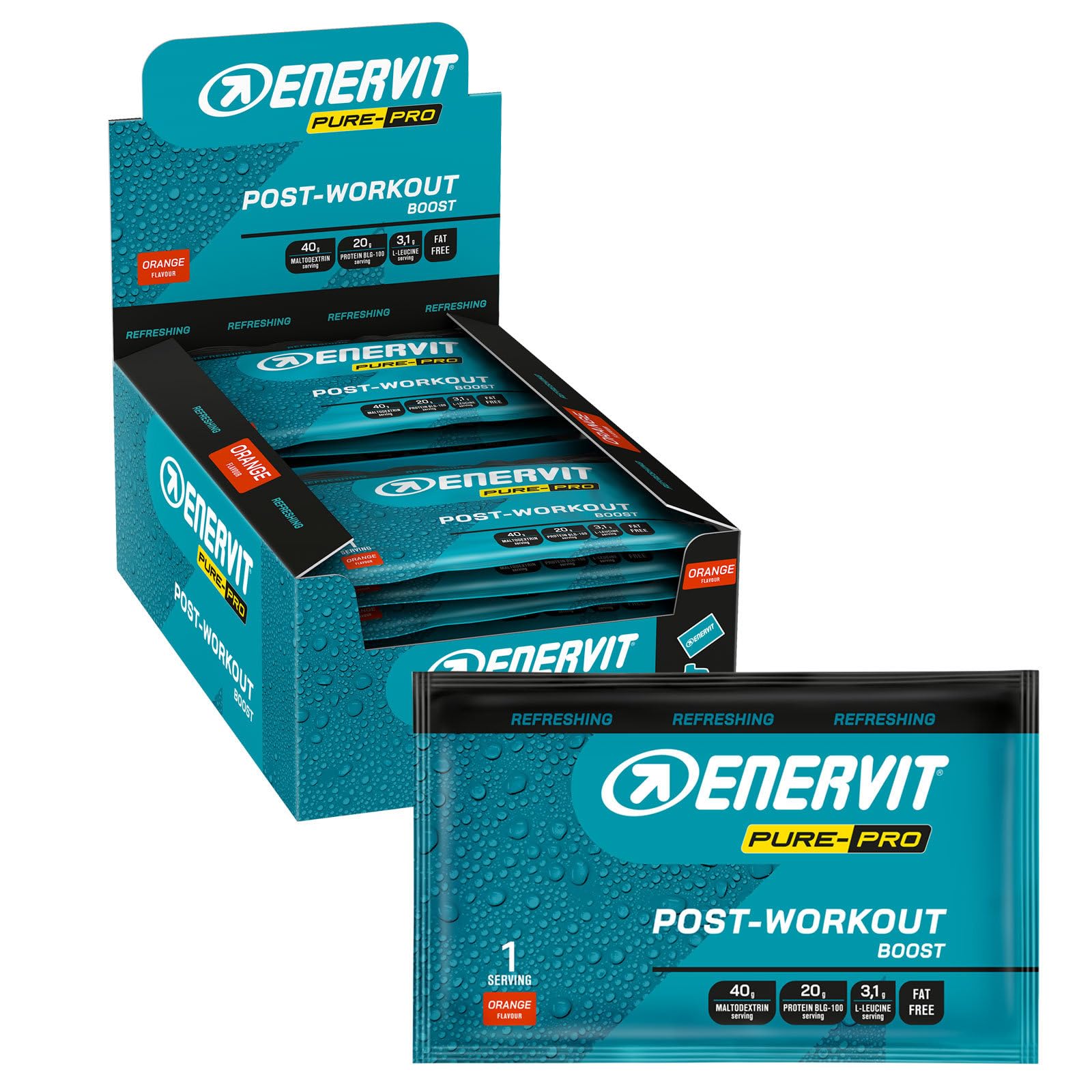 Enervit Pure-Pro Post Workout in Polvere di Maltodestrine Gusto Arancia, con Vitamina B6, Beta-Lattoglobulina del Latte e Aminoacidi Essenziali, 20g di Proteine, Senza Grassi, Buste 65g
