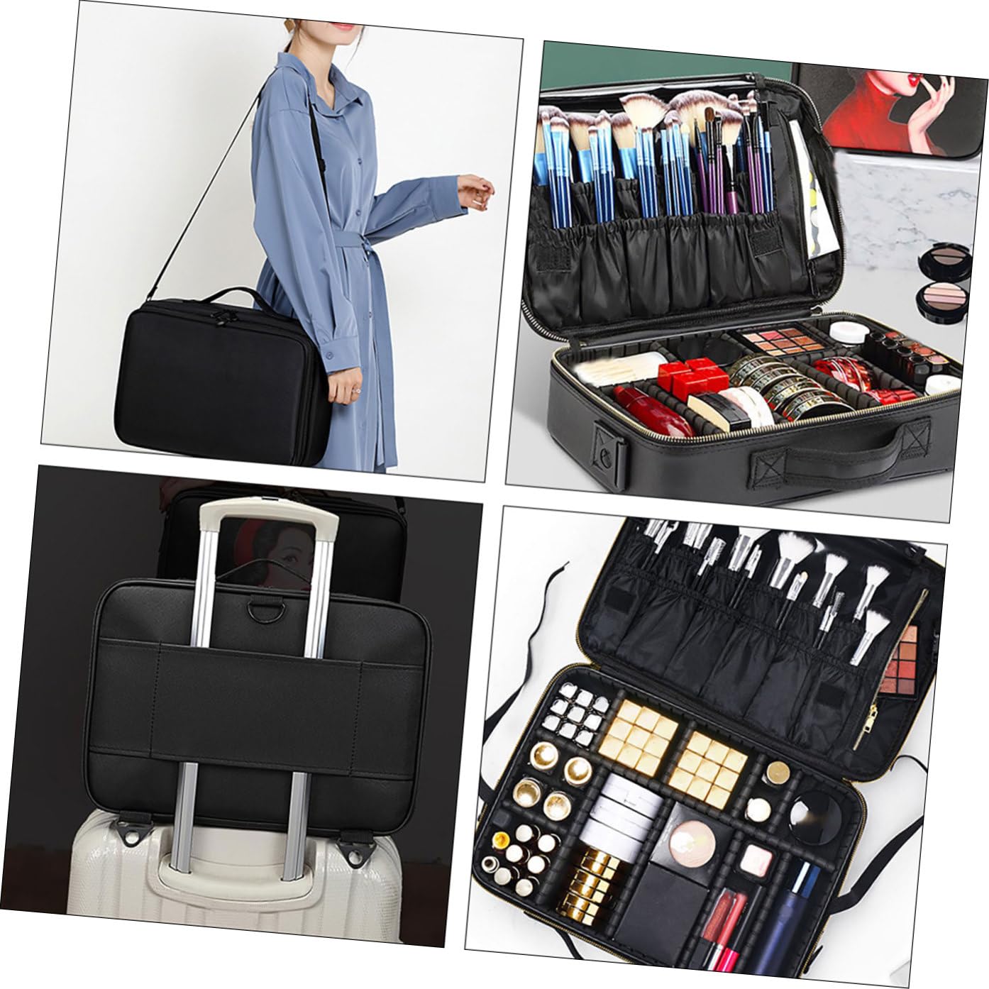Abaodam Borsa per Cosmetici da Viaggio Portatile Oxford Nero Design a Griglie e Manico, Facile da Trasportare, per Organizzare Prodotti di Bellezza e Accessori