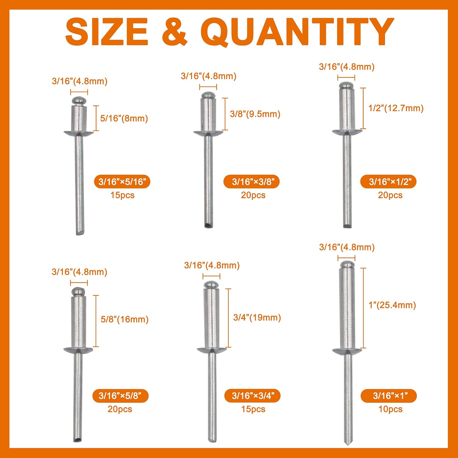 ISPINNER 100pcs 6 Sizes Aluminum Blind Rivets, Pop Rivets Assortment Kit 3/16" x (5/16" 3/8" 1/2" 5/8" 3/4" 1")(Silver)