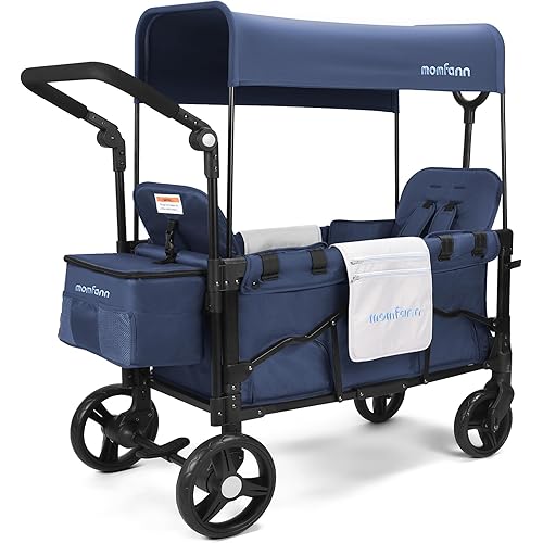 Stroller Wagon for 2 Kids, Baby Wagon Stroller with Adjustable Handle for Infants and Toddlers Includes Canopy & Organizer, Foldable and Convenient for Storage, Blue