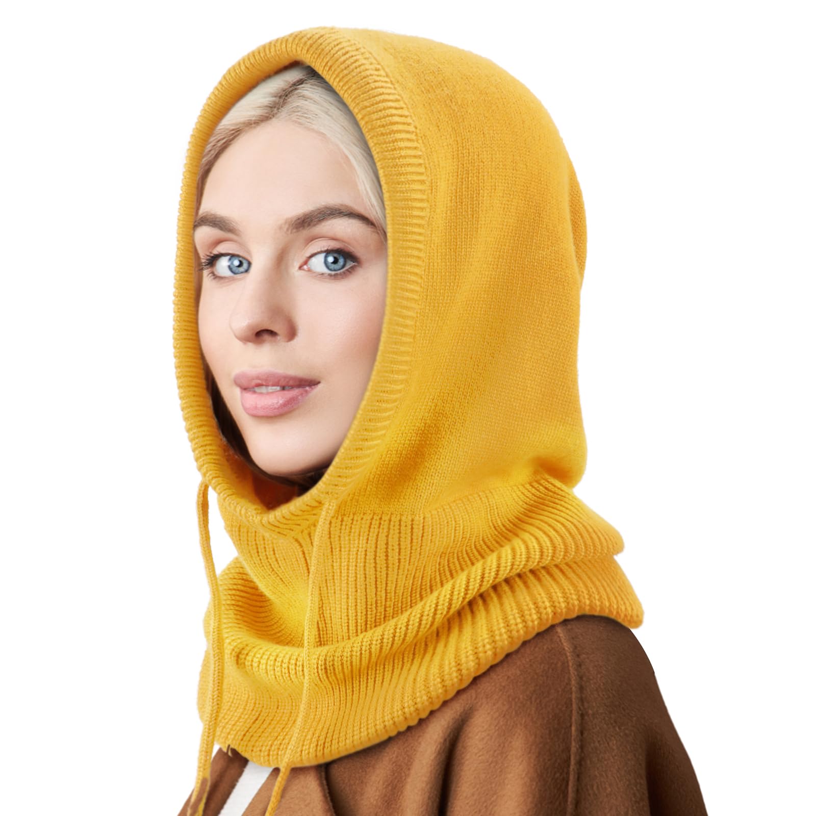 Dreshow Women's 1 Pc Hooded Hat: Yellow Winter Hats For Balaclava Knit Beanie Skull Cap With Drawstring Warm Hooded Scarf Hat