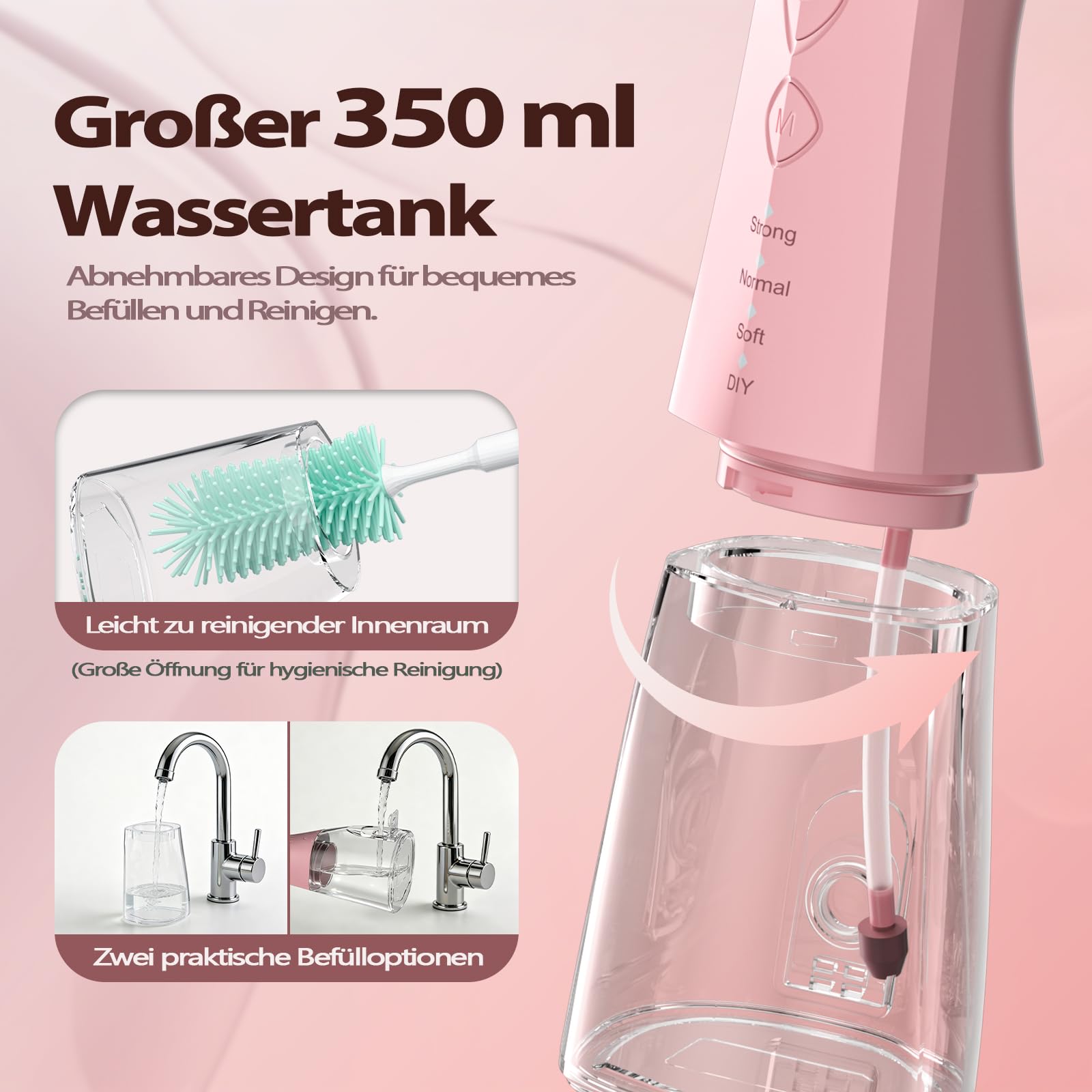 OasiSmile Kabellose Elektrische Munddusche, 4 Modi DIY Druck & 5 Düsen,Rosa