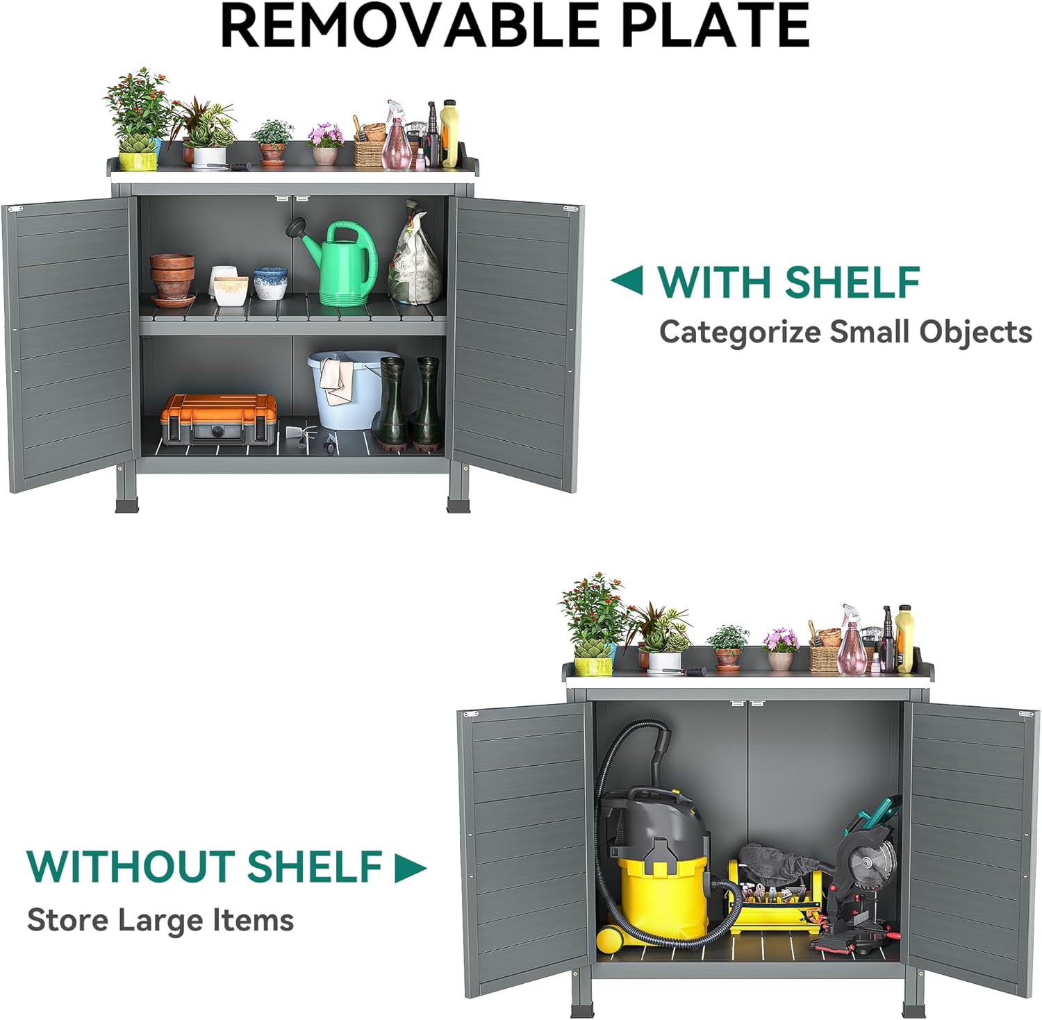 YITAHOME Outdoor Garden Potting Bench with Storage Cabinet, Planting Work Bench w/Metal Tabletop and Removable Shelf, Wood Workstation for Outdoor, Garden, Patio (Gray)
