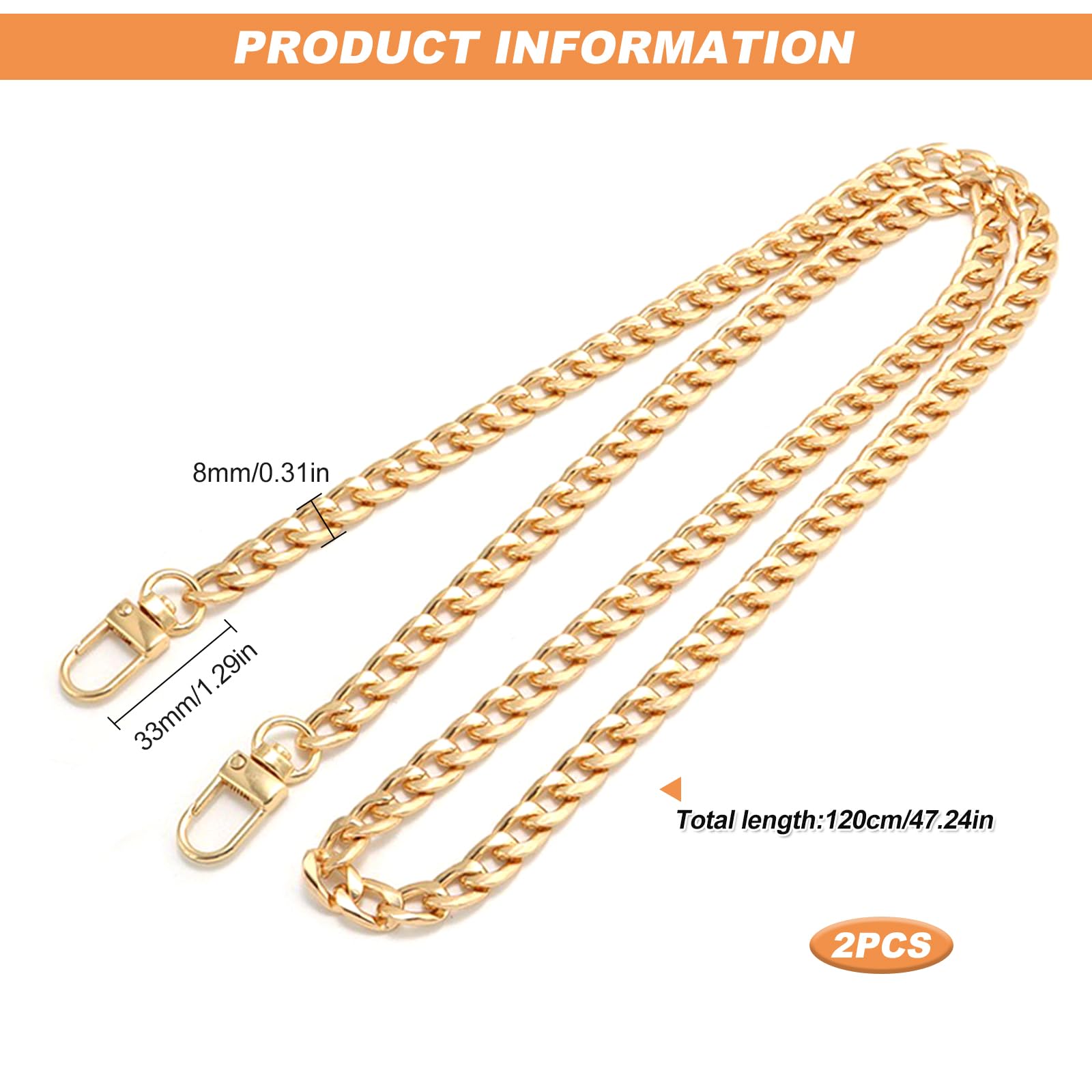 Gold Bag Chain Strap 120cm Long Handbag Chain Shoulder Bag Straps Metal Replacement Chains Strap for DIY Handbags Crossbody Bags 2 Pcs - Image 2