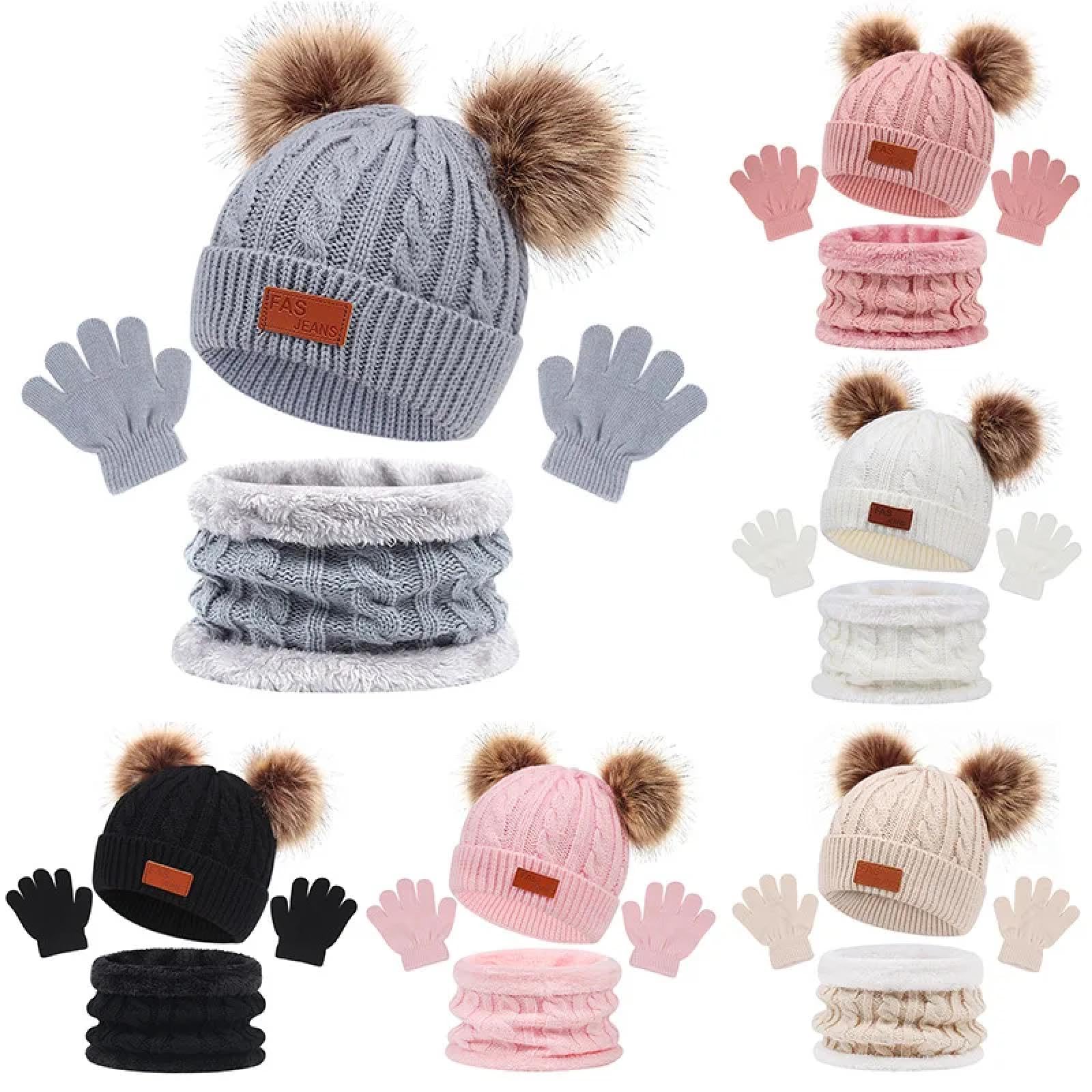 Strickmützen Hüte Mützen Caps Beanie Mütze Beanie Kinder Winter Beanie Mütze Schal Handschuhe Warmer Anzug Für Kinder 1-10 Jahre Alt Mädchen Jungen Warme Doppel Pompoms Strickmütze