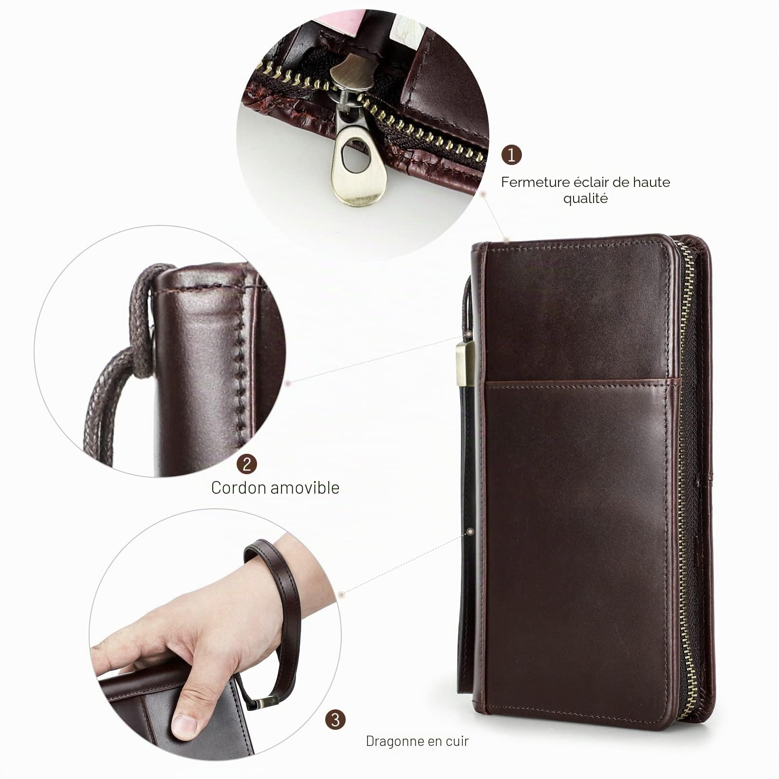 Contacts Hommes En Cuir Véritable Portefeuille Zipper Chéquier Titulaire Argent Billets Voyage Passeport Titulaire De La Carte Pochette Grande Capacité