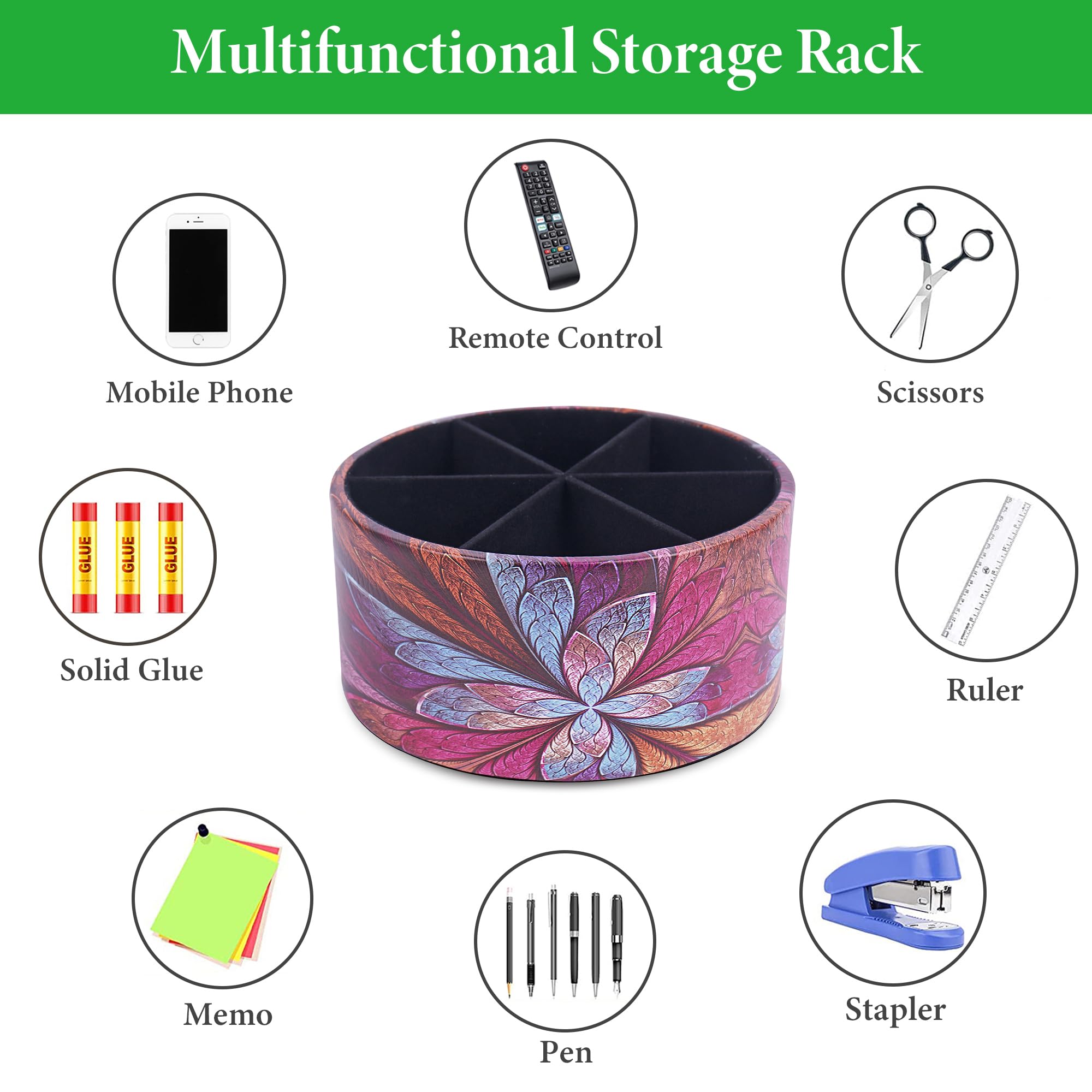 Fernbedienungshalter, um 360° drehbar, PU-Leder, Schreibtisch-Aufbewahrungsbox, Raumzubehör für Controller, Medien, Post, Taschenrechner, Handy, Bleistift (1B, lila Blume)