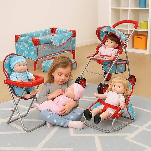 Miniatura 18 de fash n kolor El juego de 4 piezas para muñeca de bebé, diseño de flores, incluye paquete plegable y juego, cochecito de muñeca de bebé, silla alta 4