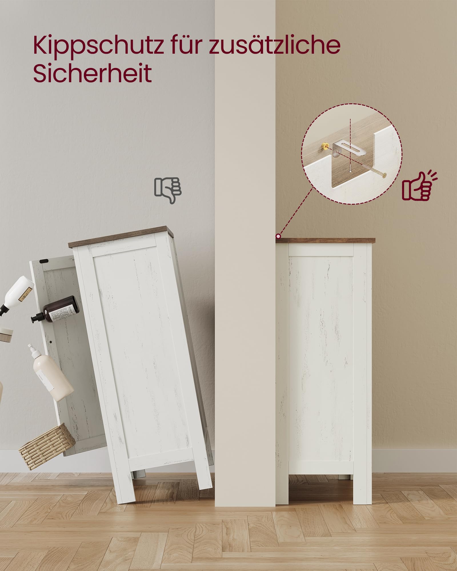 VASAGLE LIRY Kollektion - Aufbewahrungsschrank, Badezimmerschrank im Landhausstil, mit 4 Schubladen, Tür, freistehender Schrank, verstellbare Ablagen, vintageweiß BBK753W01