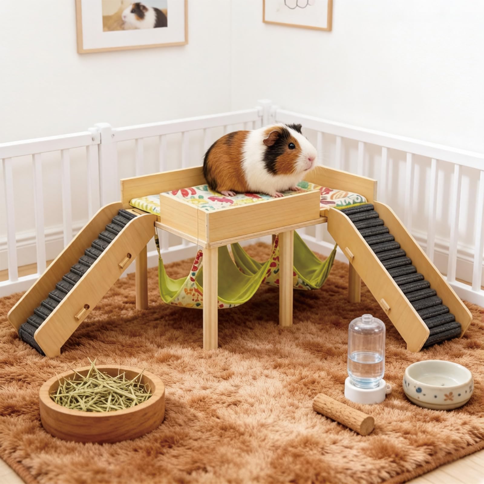 Meerschweinchen Haus aus Holz, Meerschweinchen Versteck mit Hängematte und Rampe, Kleine Haustiere Spielzeug Zubehoer, Versteck für Zwerg Hamster Rennmäuse Degus Stachelmäuse Kaninchen