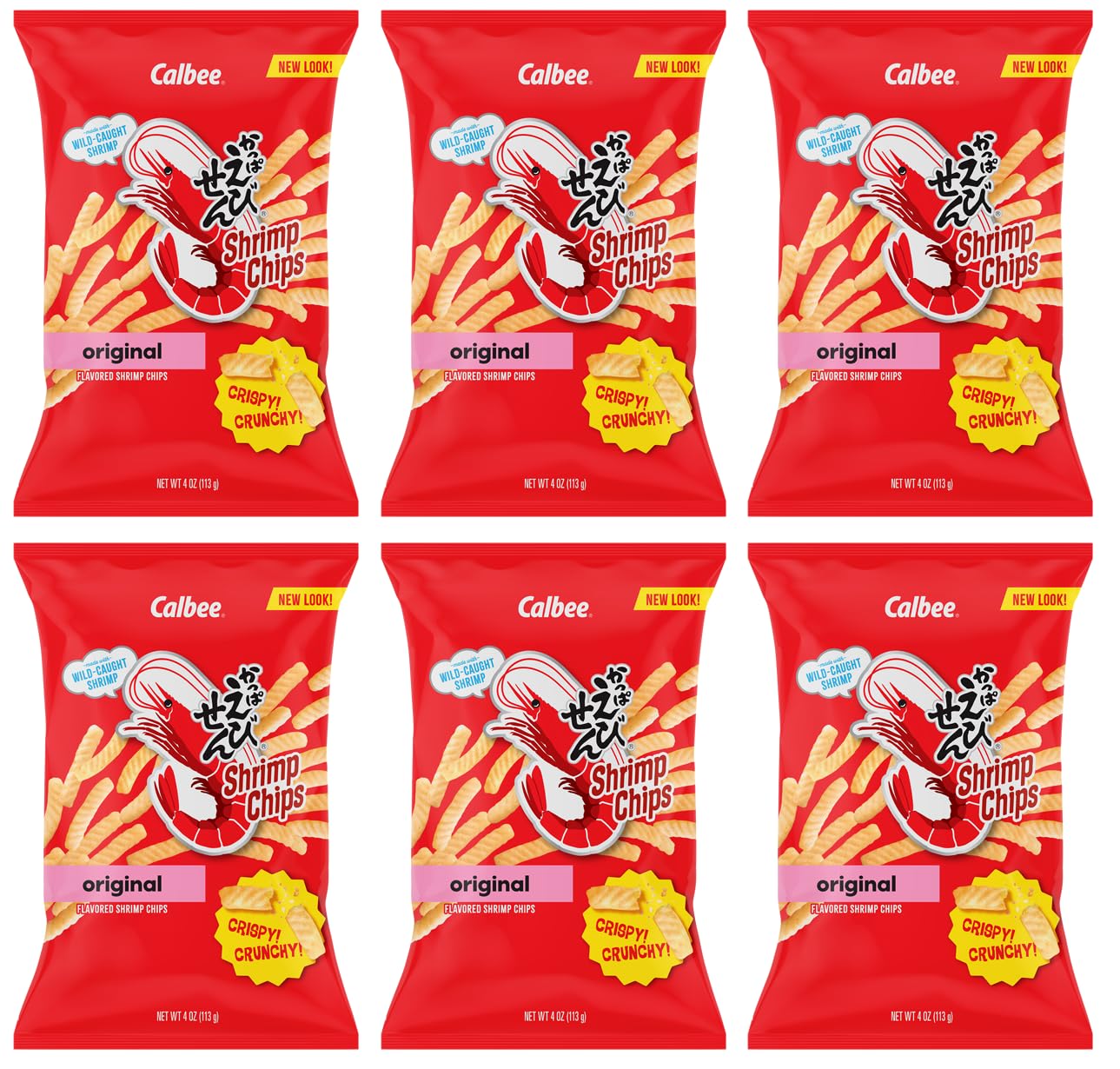 Calbee Shrimp Chips (Original, 4.0 oz) | Japanese Chips Made With Real Wild-Caught Shrimp & Baked To Crunchy Perfection | Indulge In Irresistible Shrimp Flavoured Chips (6 Pack)