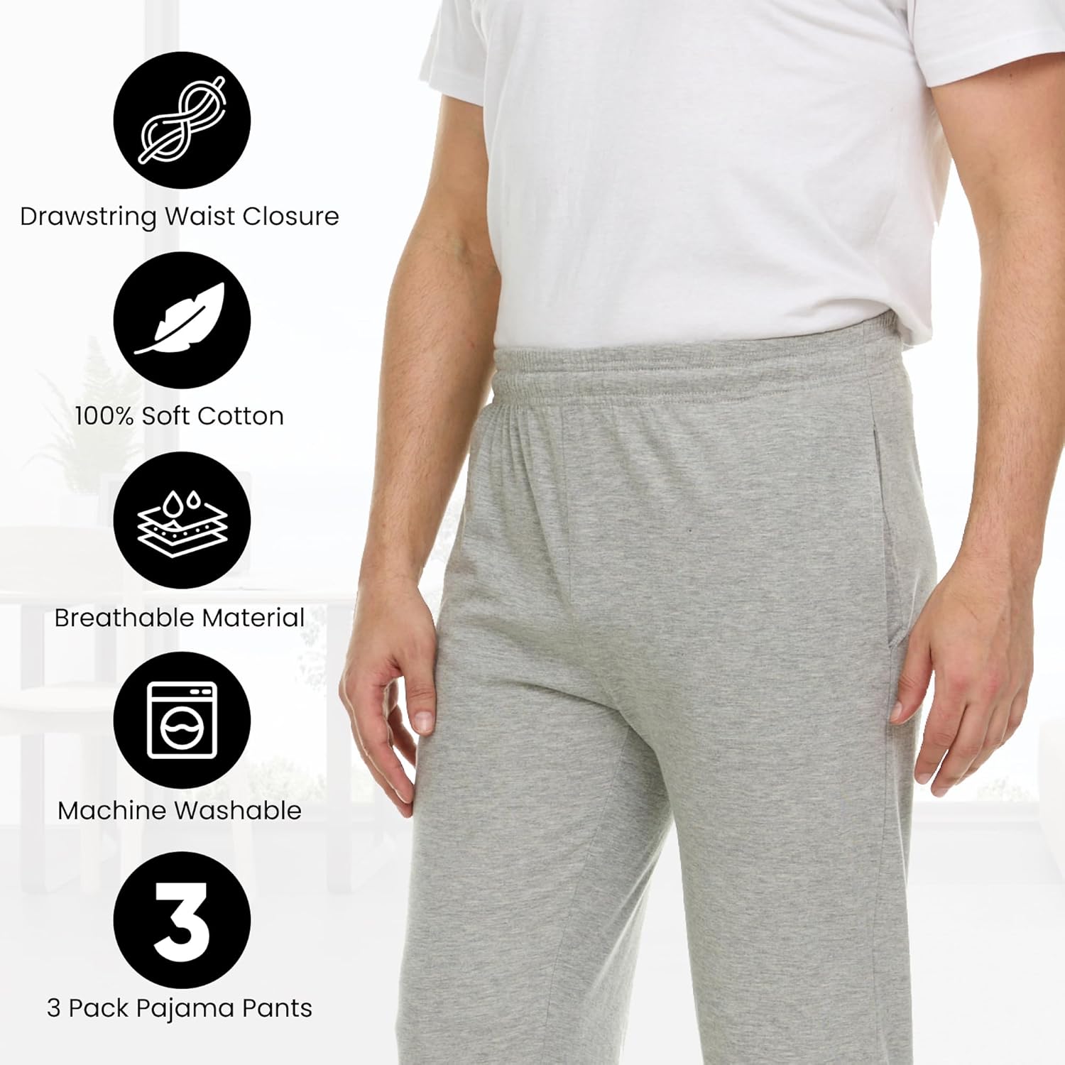 Men's 100% Cotton Jersey Active Lounge Sleep Pajama Pants for Men - 3 Pack - Image 4