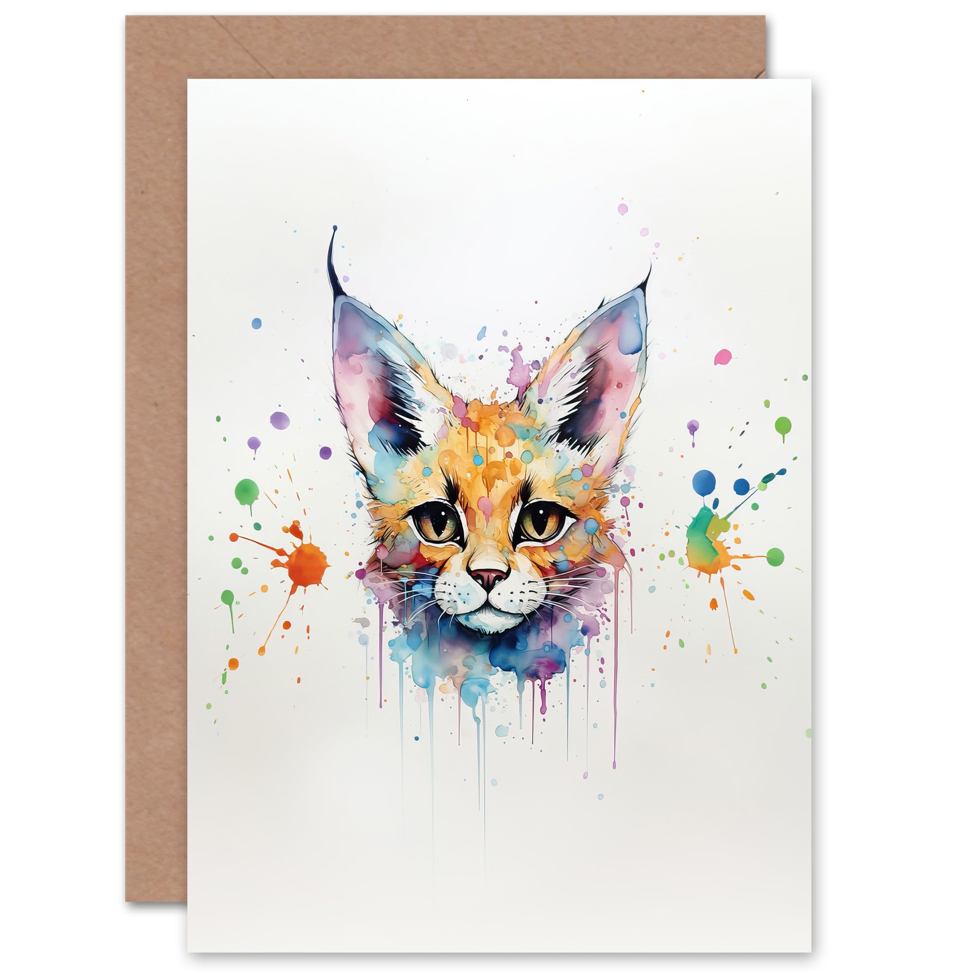 Artery8 Serval Cat Lovers Gift Watercolour Pet Portrait Painting Artwork Sealed Greeting Card Plus Envelope Blank inside