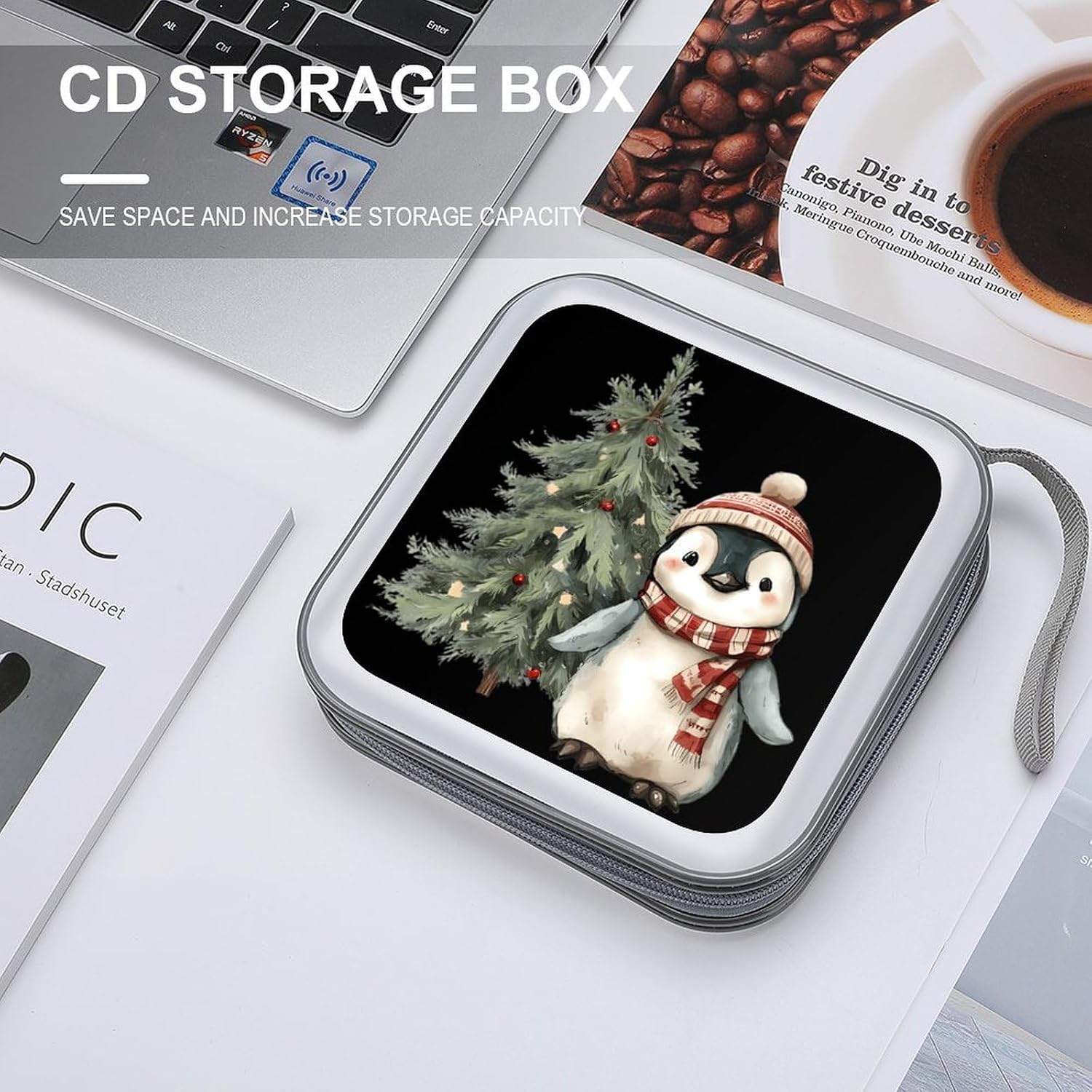 Penguins Christmas Tree CD Case DVD Storage Holder Binder 40 Capacity | protective,hard case,protable loop,travel car use,zippered closure