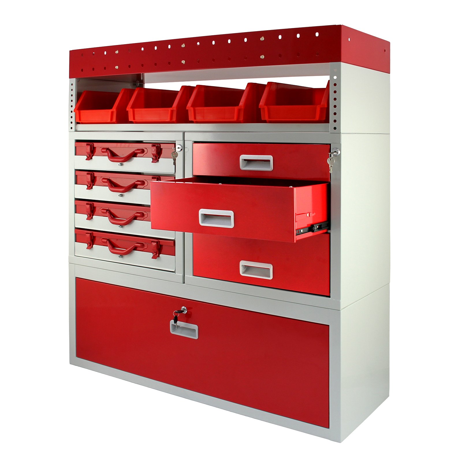 Estantería para Furgonetas Firecracker | Almacenamiento de Herramientas con Cajones con Cerradura, Cajas Extraíbles y Armario | Estructura de Acero Robusto, Capacidad 60kg | 101,6cm x 117,8cm x 36cm
