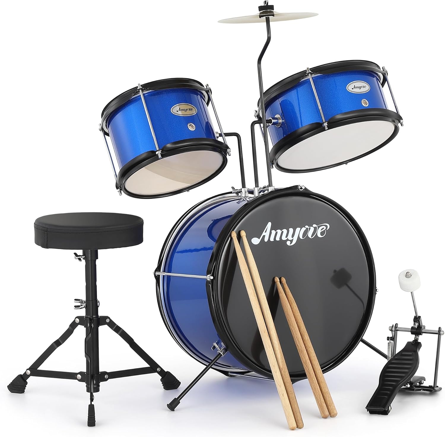 3 Piece Drum Set for Beginners with Cymbal, 2 Drums Sticks, Bass Drums, Pedal, 2 Tom, Junior Drum Kit with Throne Stool, Musical Instruments for Boys and Girls, Blue