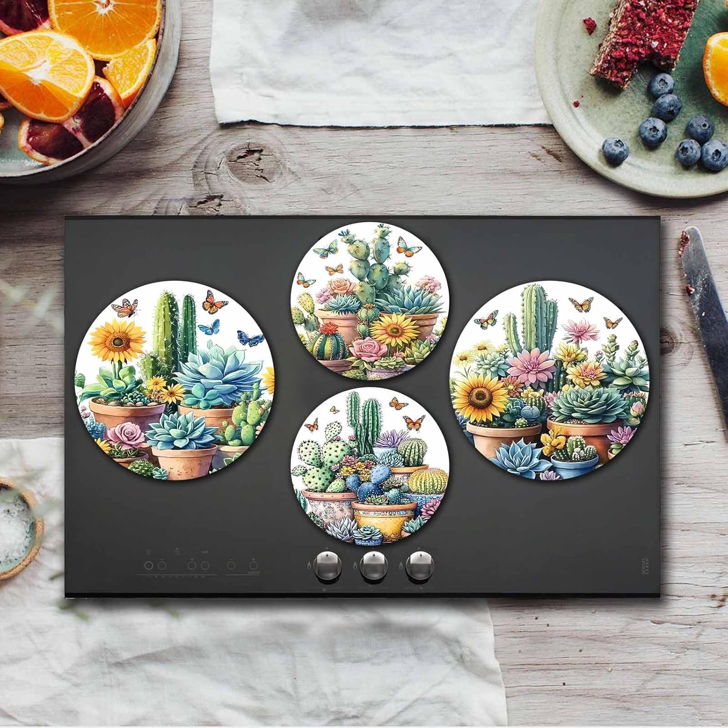 TUMOVO Tropical Green Leaves Art Burn Covers for Electric Stove Kitchen Decor Succulent Plant /Houseplant Pattern Round Burner Garden Flowes Metal Gas set of 4 Gift(White) 10''Wx10'H