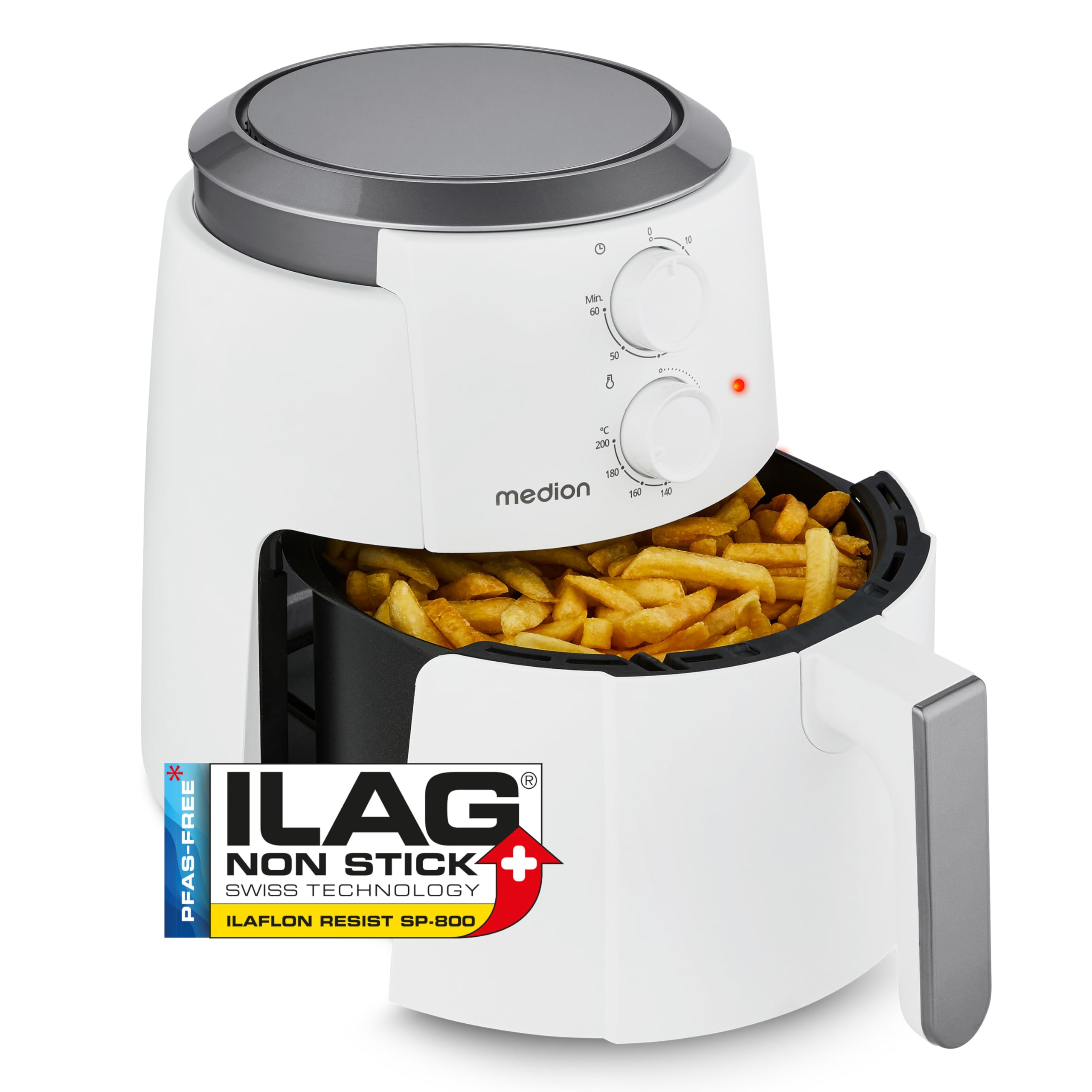 MEDION P30 L Friggitrice ad aria calda (4,7 litri, friggitrice ad aria, 1500 watt, funzionamento semplice, frittura senza olio, timer 60 minuti, fino a 200° C, rivestimento antiaderente, MD13020)