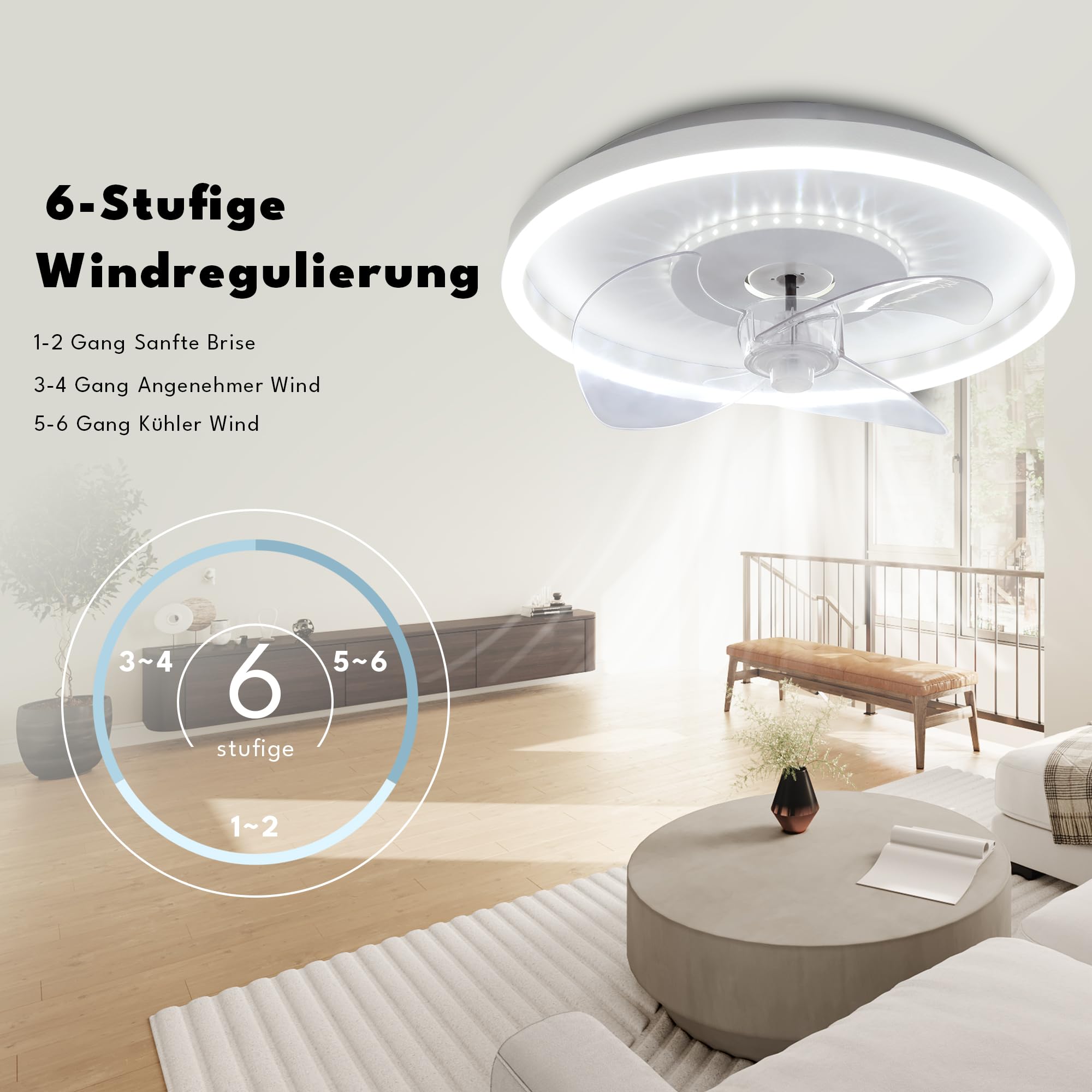 AOEH Deckenventilatoren Mit Beleuchtung LED Dimmbar Deckenlampe Mit Ventilator 6 Wind Modern Runde Leise Fan Deckenleuchte Mit Fernbedienung,52w Weiß Deckenventilator Für Schlafzimmer Wohnzimmer,50cm