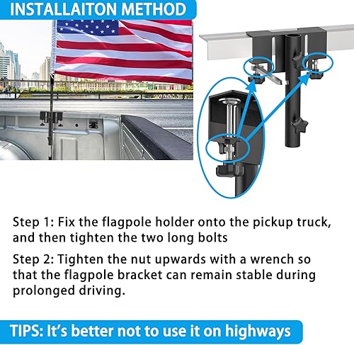 Miniatura 5 de Soporte universal para mástil de bandera en cama, sin perforación, para camión con riel de cama o sin riel, se adapta a postes de hasta 1.2