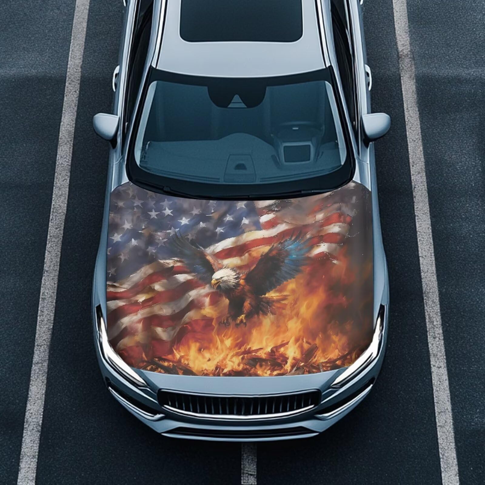 Renewold Car Front Hood Cover Sedan SUV Small Truck Auto Hood Wrap Blanket Eagle American Flag Flame Fashion Automotive Exterior Accessories Xmas Indoor Outdoor Decor All Season