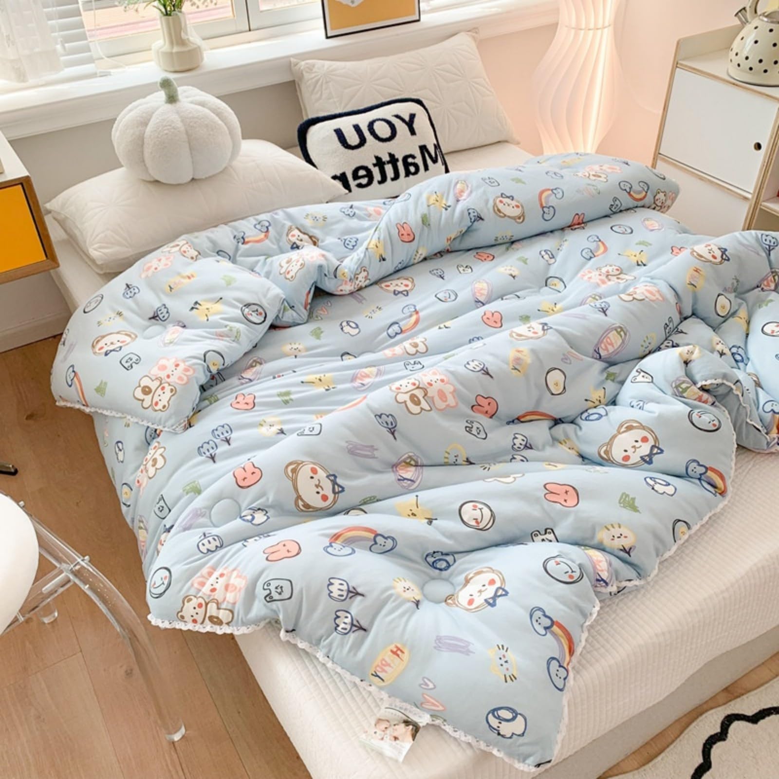 Odot Coverless Duvet 10.5 Tog Single Double King Size, Reversible Soft Quilted Coverless Duvet Cosy and Lightweight Quilt Breathable Winter Duvets Quilted Throw for Beds (Cute doodle,150x200cm)