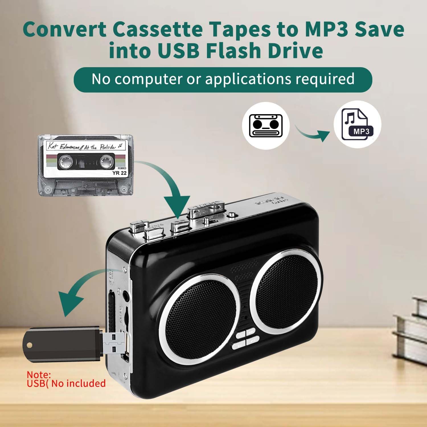 Portable Cassette to USB Converter,Dual Speaker Pure Stereo &Auto Reverse Cassette Player, Supports U Disk & USB Card Reader ，Cassette Tape Player with 3.5mm Headphone Jack