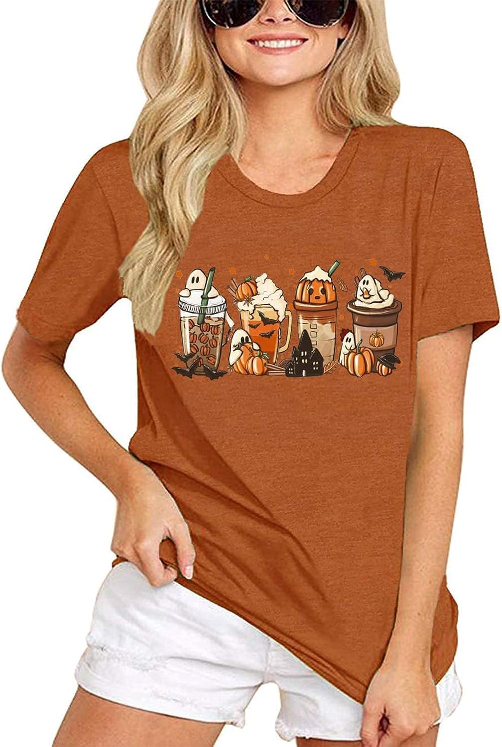 パンプキンラテシャツ キュート 秋 パンプキン グラフィック Tシャツ コーヒー愛好家 シャツ ギフト ハロウィン パンプキン スパ
