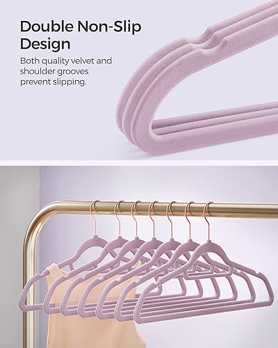Miniatura 5 de SONGMICS UCRF021GP50 - Juego de 50 perchas de terciopelo con gancho giratorio de oro rosa, antideslizante y ahorra espacio, 0.2 pulgadas de grosor,