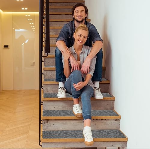 Miniatura 6 de Alfombras para peldaños de madera - Cinta antideslizante para alfombra de escaleras, pelar y pegar con cinta adhesiva doble, juego de 15 hojas - Gris