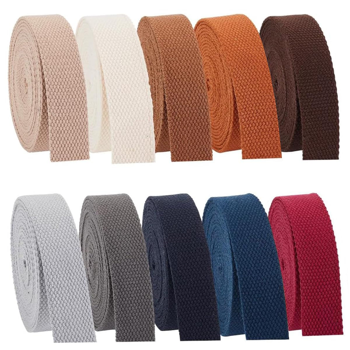 Wonninek 25mm (1 Inch) Soft Cotton Blend Webbing - 30 Metre Pack (10 Rolls x 3m) - 10 Assorted Colours for Bag Straps, DIY Crafts, Handles, Pet Collars & Sewing Projects