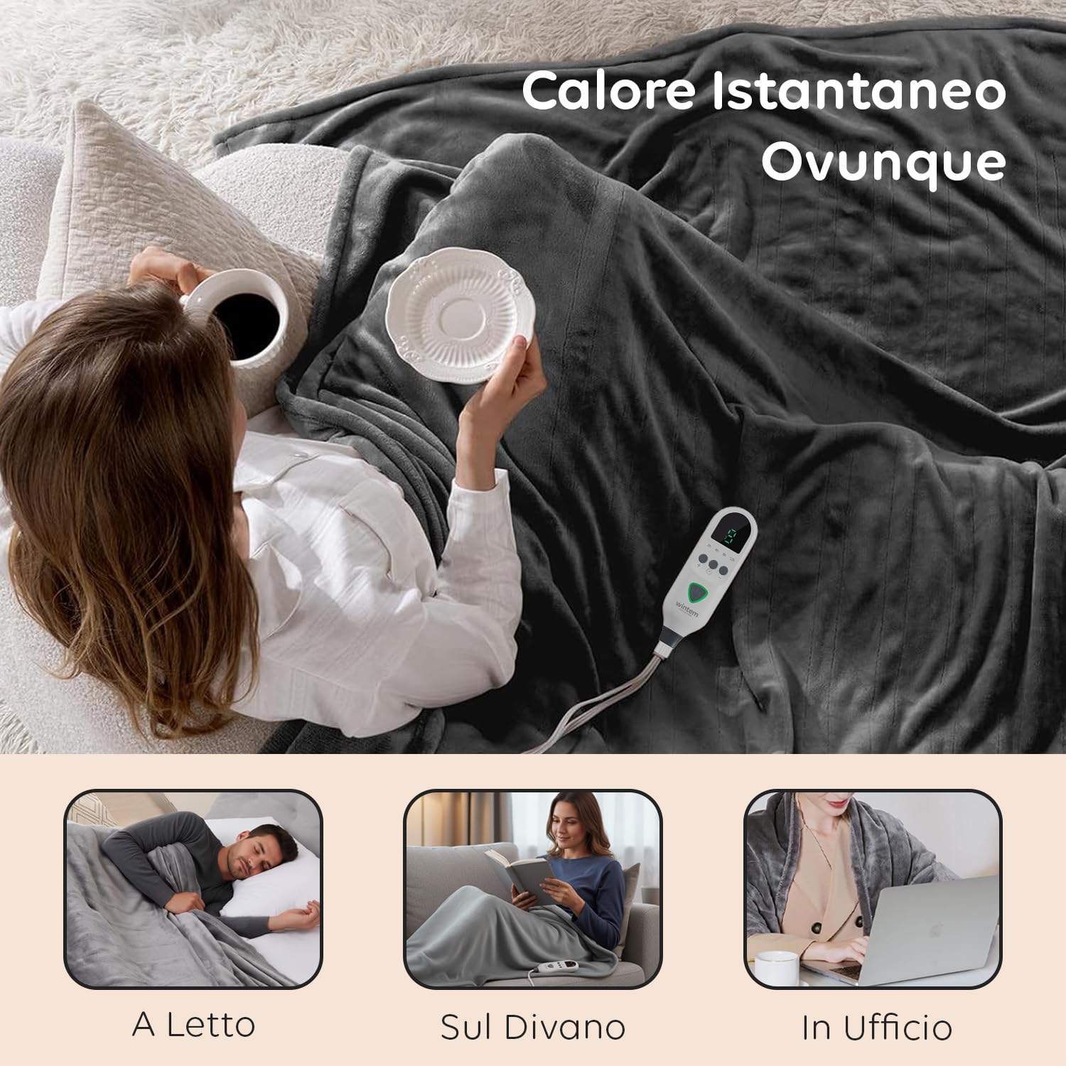Wintem - Coperta Termica Elettrica Fluffy con 8 Livelli di Temperatura Termocoperta Maxi 160x120 cm in Flanella per Letto e Divano