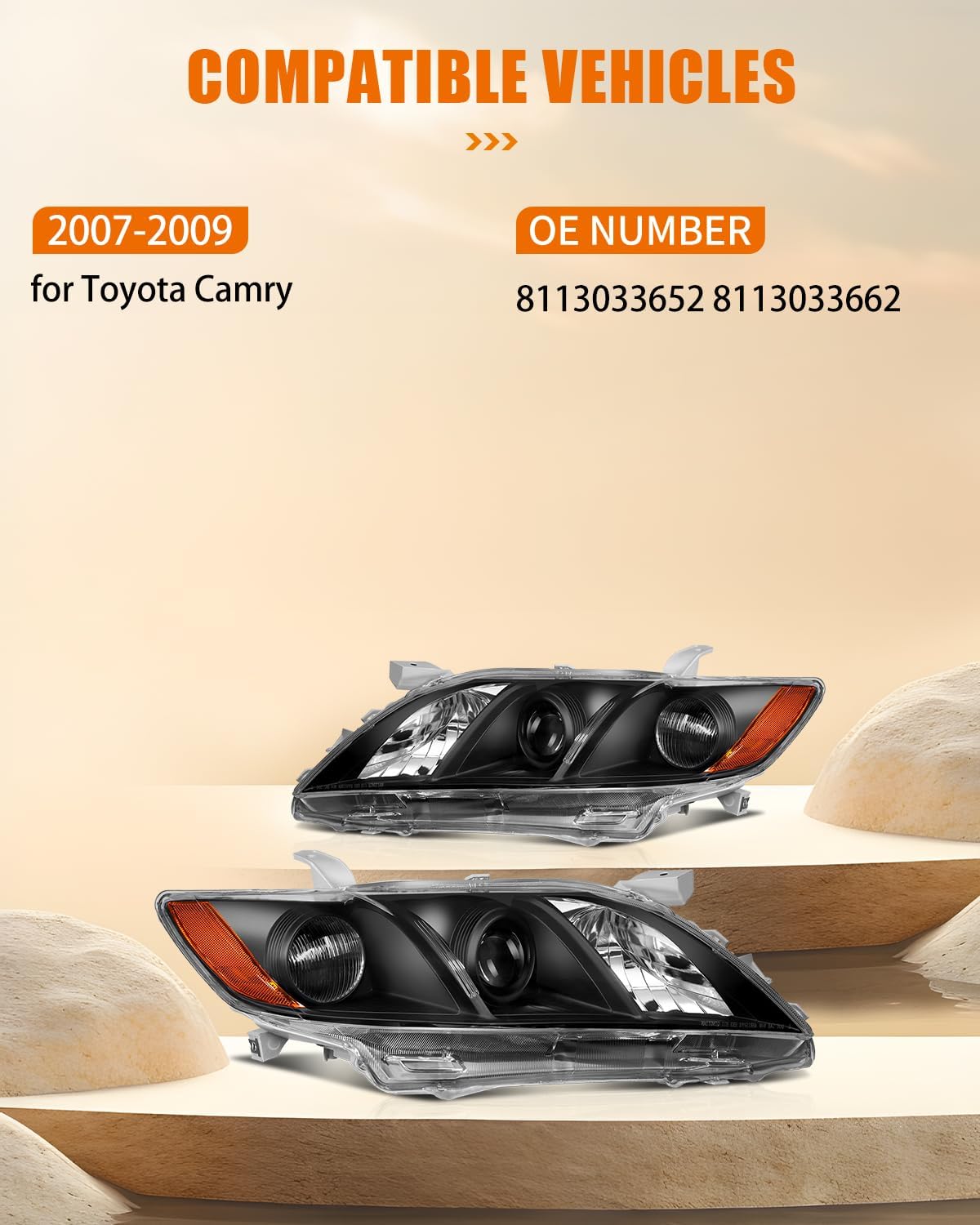 Driver Side and Passenger Side Headlight Assebmly for Toyota Camry 2007-2009 Black Housing Amber Reflector Clear Lens, Replace# 8113033652 8113033662 (1 Pair)