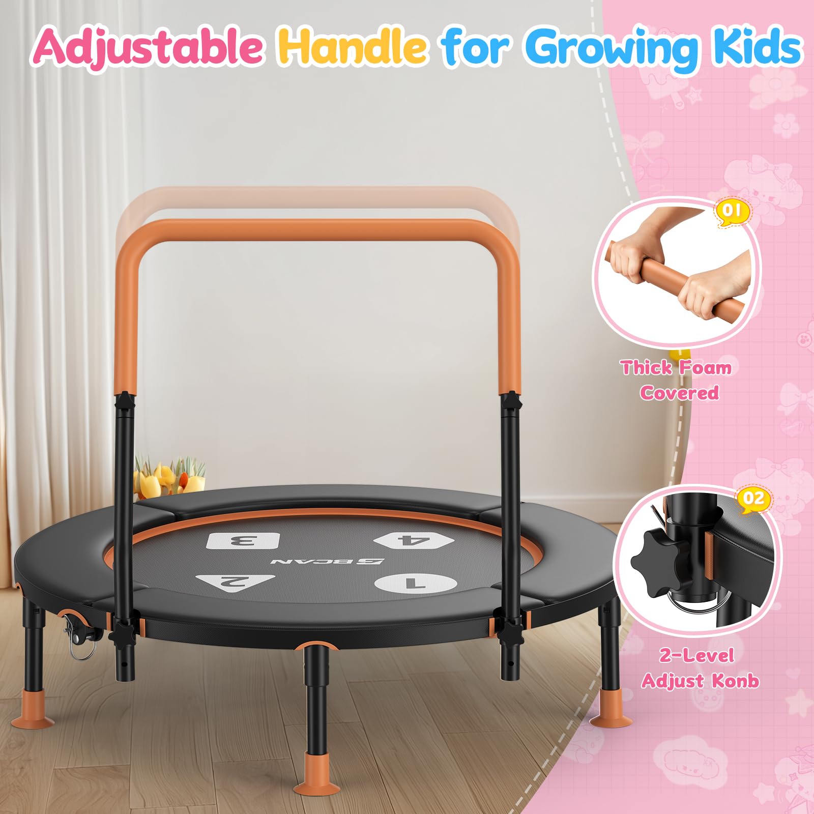 BCAN Trampolino per bambini da 91 cm, manico regolabile, imbottitura di sicurezza e gambe pieghevoli, trampolino per bambini per interni ed esterni, regalo per ragazzi e ragazze
