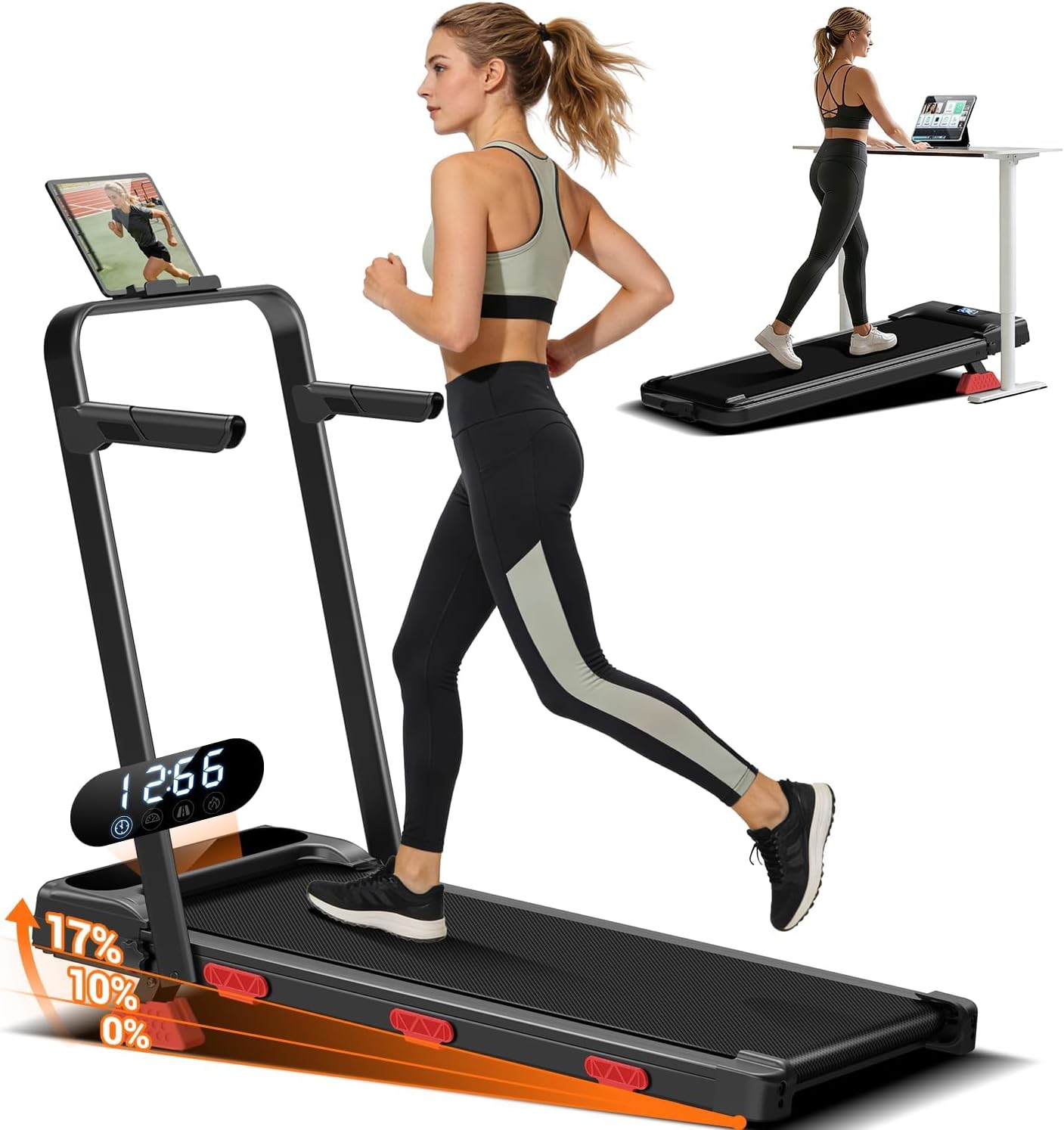 17% Incline Under Desk Treadmill, 4 in 1 Foldable Walking Pad with Adjustable Handrails, 2.5HP Ultra Quiet Brushless Motor, 0.6-6.2 MPH Speed Range, 300 LBS Weight Capacity for Home Small Space