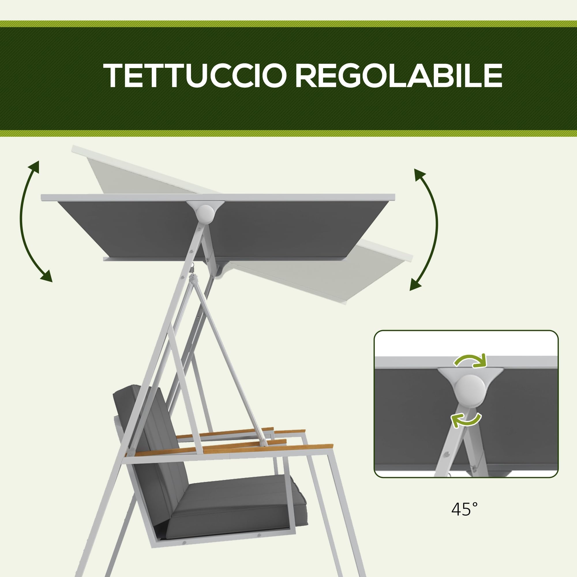 Outsunny Dondolo 3 Posti con Tettuccio Inclinabile e Cuscini, Dondolo da Giardino in Acciaio con Seduta Traspirante, 205x130x175 cm, Grigio Scuro