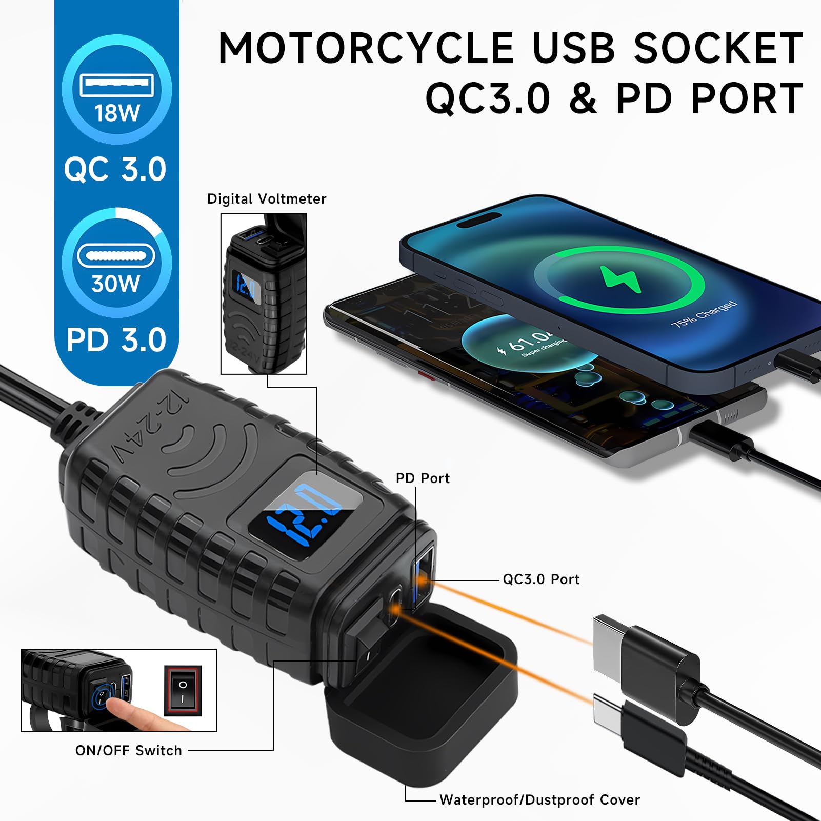 Caricatore USB Per Moto 30W + 18W QC 3.0 - Doppia Porta Con Voltmetro, Impermeabile, Con Interruttore On/Off, Per Manubrio 7/8''