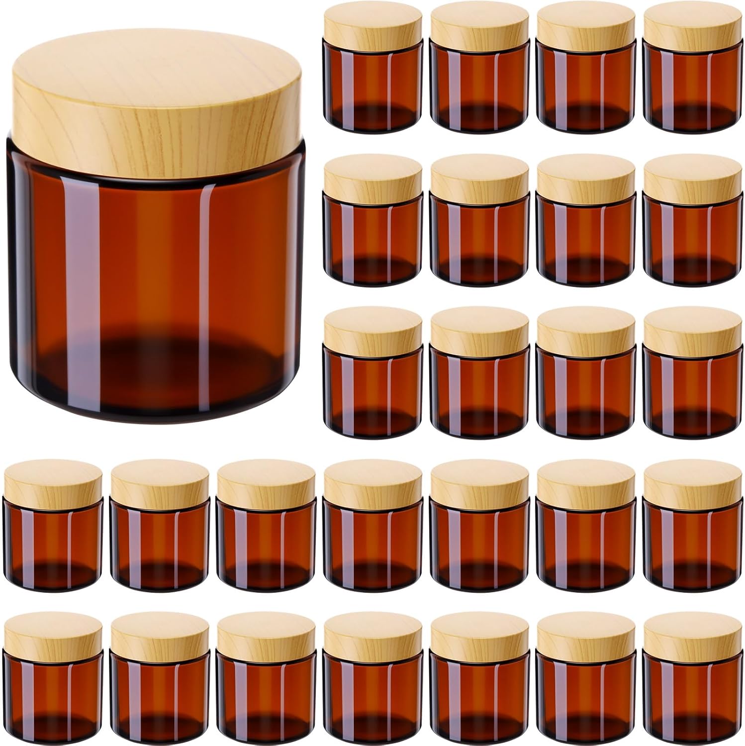 Geiserailie 30 Pcs 3.5oz Glass Jars with Plastic Wood Grain Lids Leakproof Airtight Empty Cosmetic Jars Sample Containers for Storing Lotions Powder Ointments Candle Making(Gold)