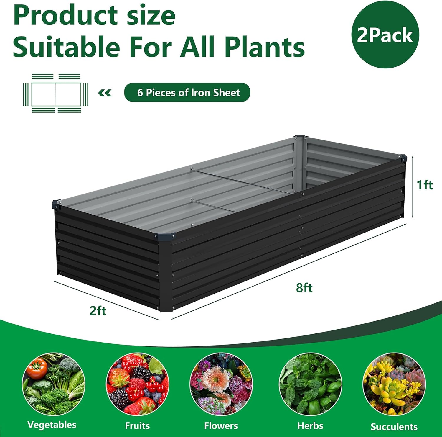 vengarus 8x2x1ft (2 pack) galvanized raised garden bed kit, outdoor metal planter box for vegetables, rectangular steel container, easy assembly (black) black 8x2x1ft(2pcs)