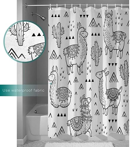 Miniatura 3 de Krisyeol Cortina de ducha de poliéster de alpaca y cactus en blanco y negro con ganchos duradera tela impermeable juego de cortinas de ducha para