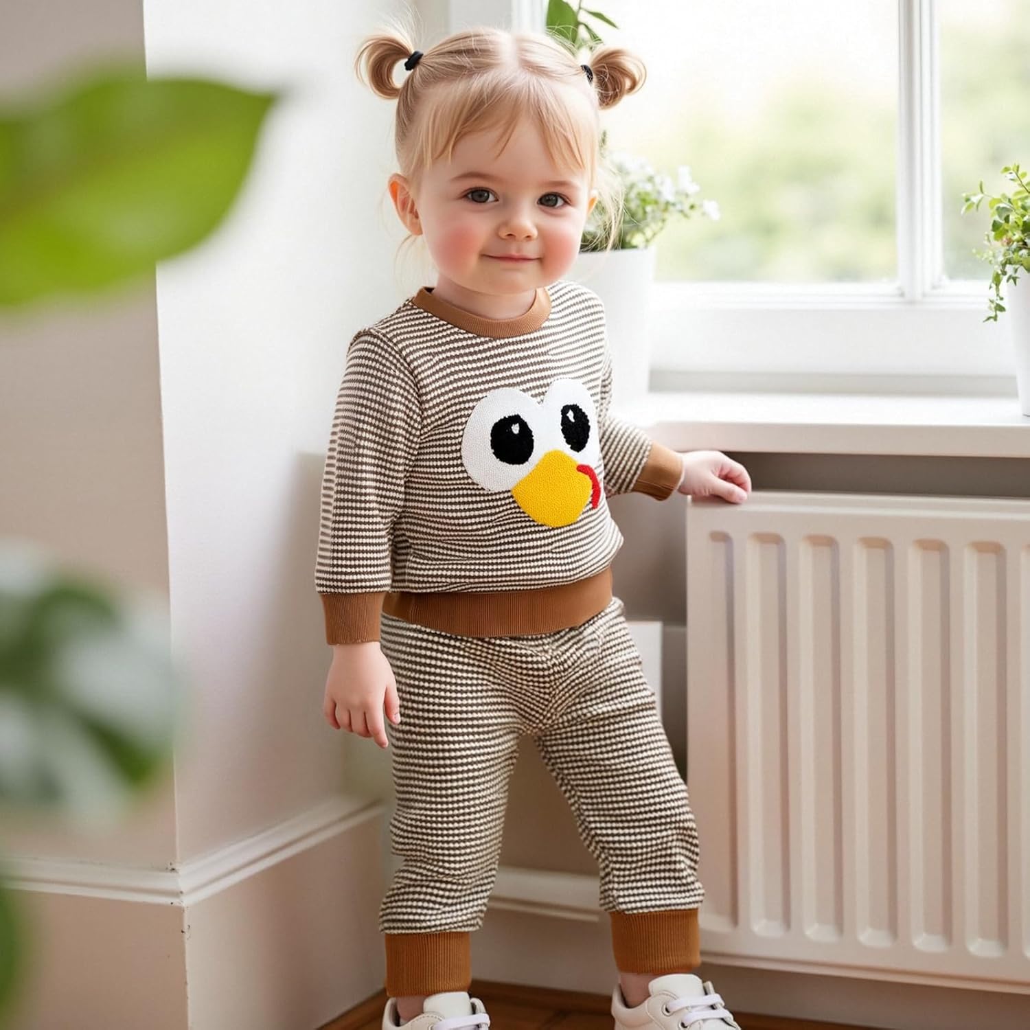 Toddler Baby Boy Girl Thanksgiving Outfit Turkey Embroidery Striped Waffle Knit Long Sleeve Sweatshirt and Pants Set - Image 4