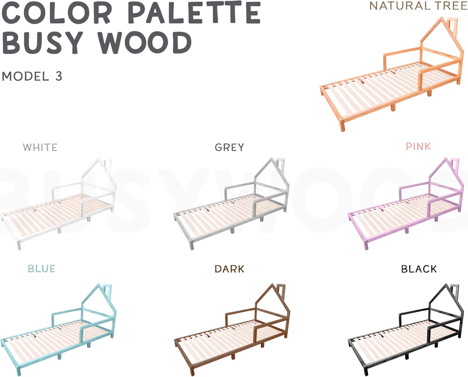 BUSY WOOD Montessori Bed for Toddlers, Kids Beds, Toddler Beds, Twin Bedframe for Kids, Full Size Bed for Toddler, Queen Bed, King Toddler Bed Frame (Model 3, Legs&Slats)