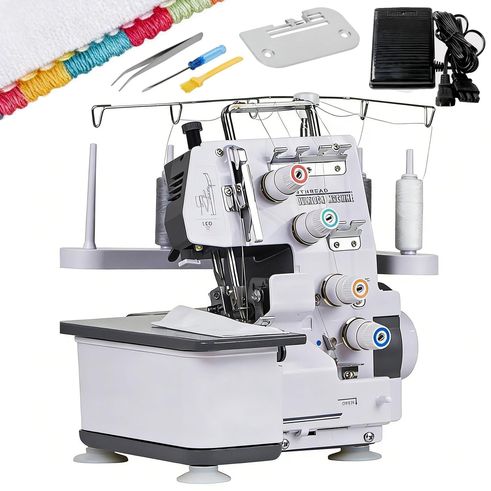 Maszyna do szycia typu overlock, półprzemysłowa, z możliwością szycia 3-4 nitkami, 1300 ściegów/min, regulowany rozstaw igieł i oświetlenie LED, 12 wzorów ściegów, do tkanin bawełnianych