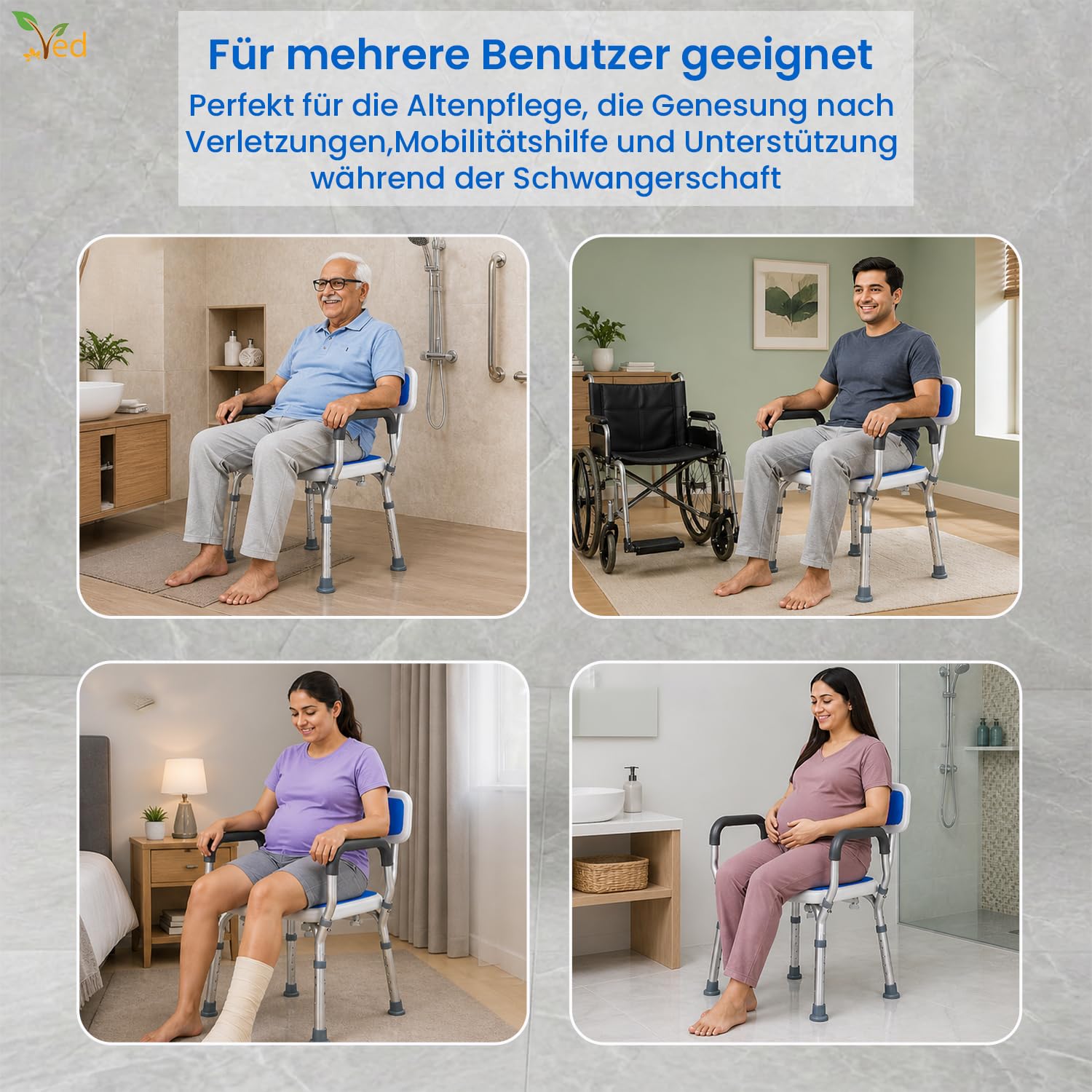 VED Duschstuhl | 6-Fach höhenverstellbare Duschbank | Inklusive gepolsterter Armlehne | rutschfeste Füße | Badewannenhocker für Senioren, Behinderte und Schwangere,(330 lb Capacity 43D x 12W x 50.6H)